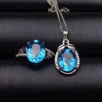 

Fashion big 9*11 Natural blue topaz gem Ring Pendant Natural Gemstone Jewelry Sets 925 Silver Women party gift fine jewelry