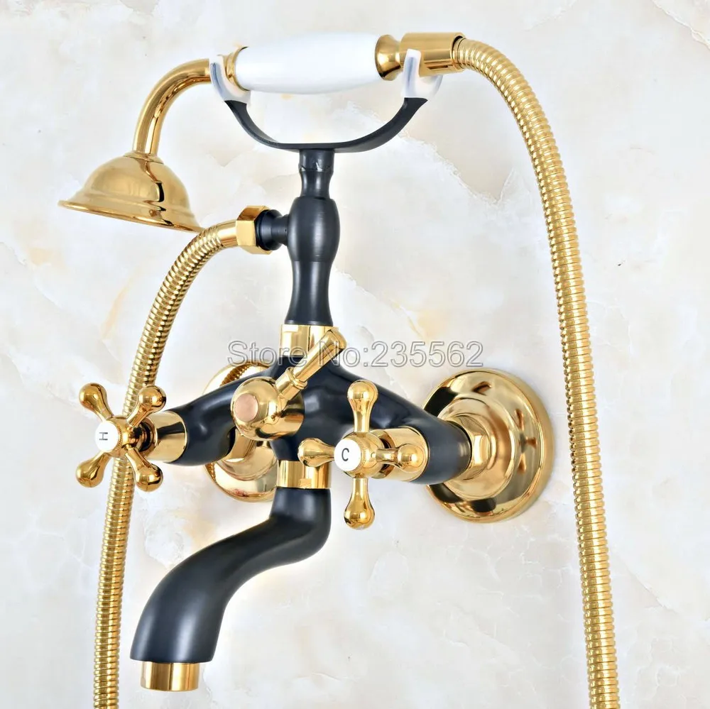 

Black& Gold Antique Dual Handles Bathtub Faucet Wall Mounted Swive Spout with Handshower Tub Mixer Tap lna001