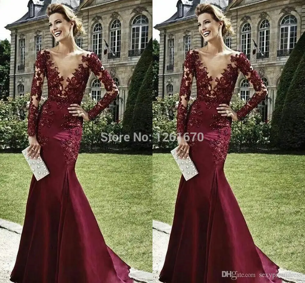 2018 Выпускные платья Burgundy элегантный Для женщин Vestidos Лидер продаж глубоким вырезом платье с русалочкой одежда с длинным рукавом длинное