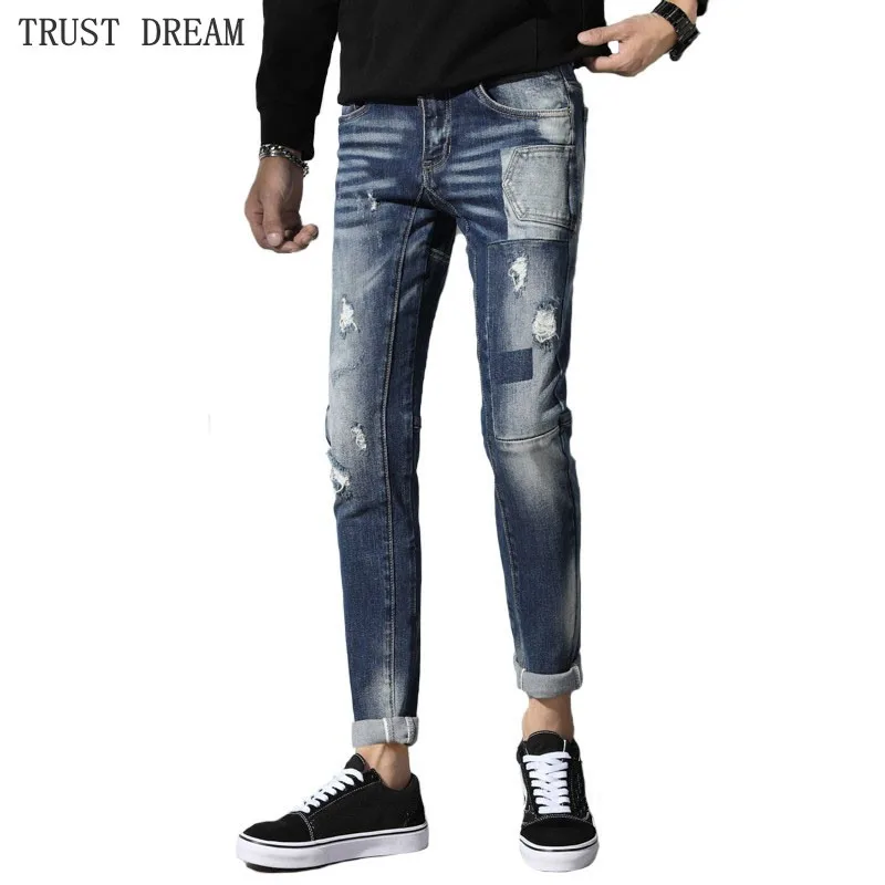 

Italy Designed Man Slim Ripped Holes Jeans Men patchworks Skinny Denim Pants Male Street Wear Quatliy Europeans style Trousers