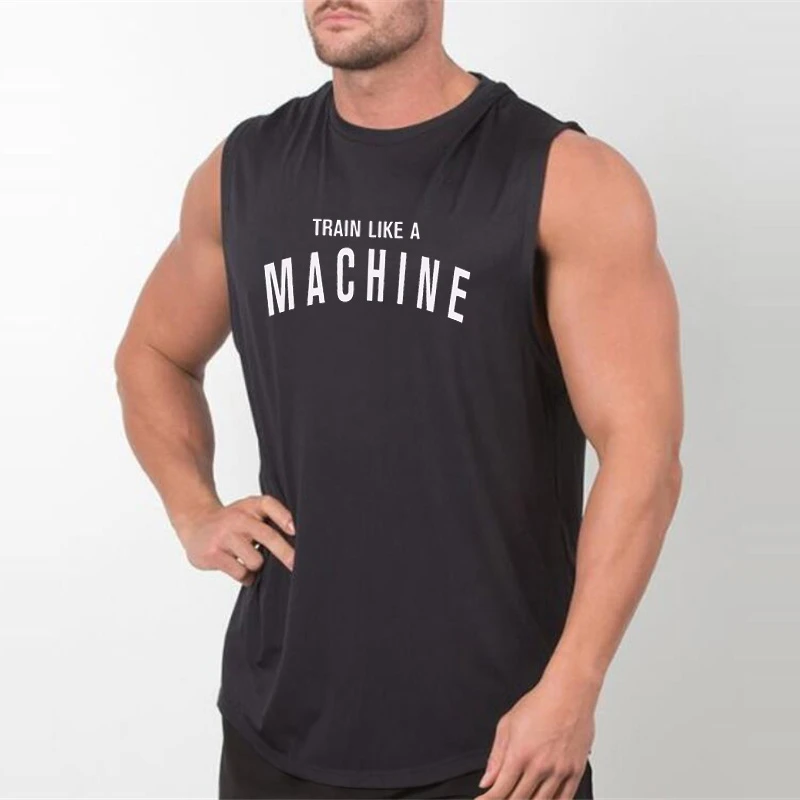 Train Like A Machine slogan on a gym tank top2