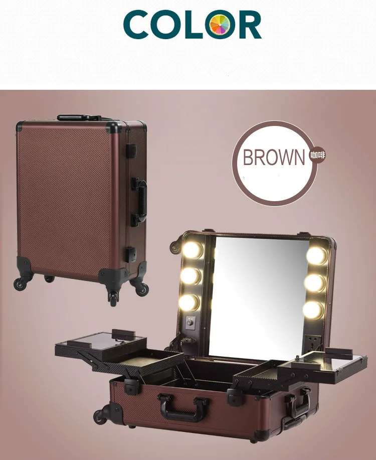 Coffee Makeup Artist Train Case with Lights Pro Station Portable Studio