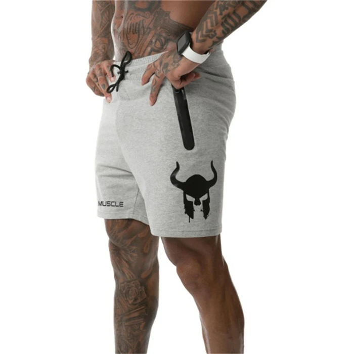 New Fashion Men Zip pocket printing Shorts Trousers Cotton Bodybuilding Sweatpants Fitness Short Jogger Casual Gyms Men Shorts - Цвет: gray