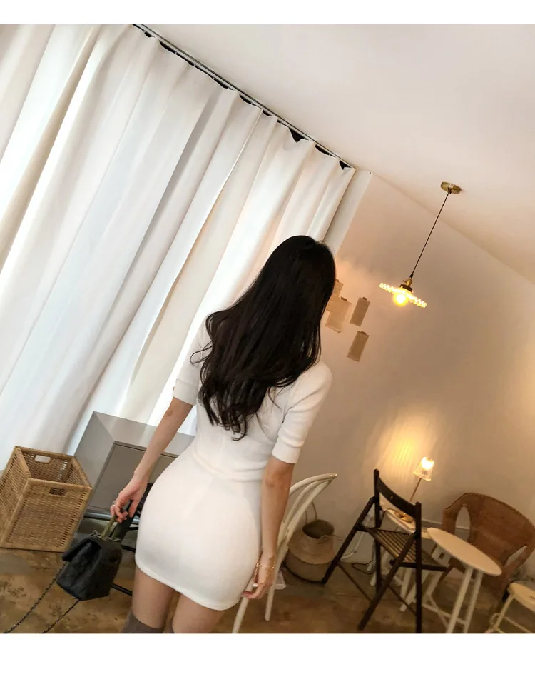 Temperament Lady Dresses Women Spring Design Sexy Bandage Sheath Mini White Knitted Double Button Tunic Sweater Dress 170D