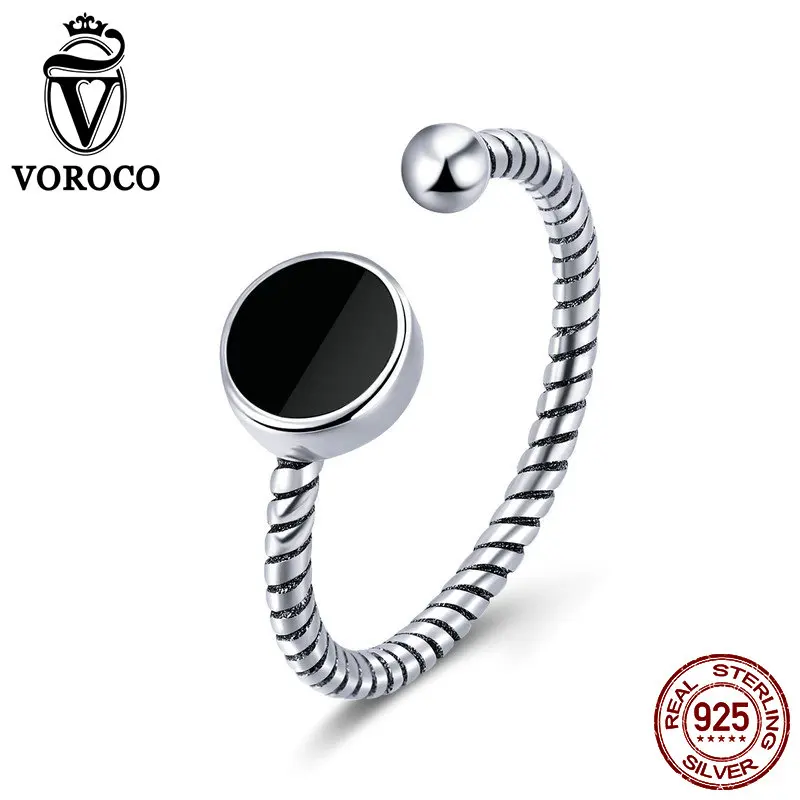 

VOROCO 100% 925 Sterling Silver Vintage Black Ring Round Adjustable Size Rings For Women Wedding Engagement Party Jewelry VSR157