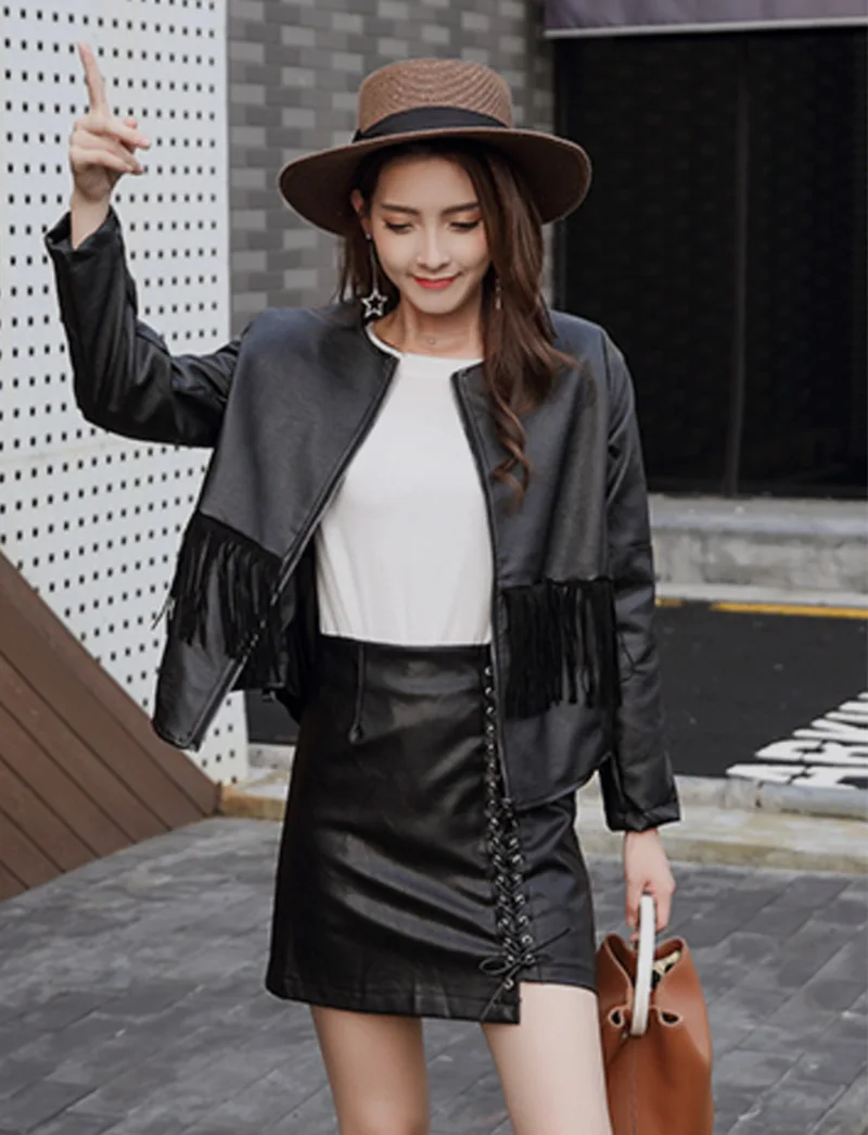 Court Cuir Veste Automne Yingyuanfang Mode Nouvelle Pu En À Noir Franges Femmes x4S8OqwS