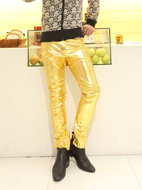 Кожаные штаны Новая мода тонкие кожаные штаны Мужские Танцевальные серебряные мужские золотые кожаные штаны мужские черные 3 цвета
