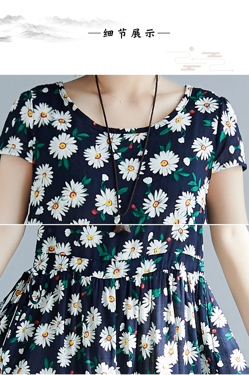 Summer Dresses Women 2019 Vintage Floral Print Cotton Linen Women Dress Elegant Short Sleeve Casual A-line Maxi Long Dress      7
