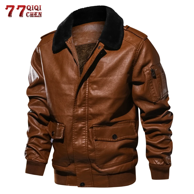 

Pilot Motorcycle Leather Jacket Men Military Fleece Coats Winter Thick Warm Fur Collar Bomber Faux Leather Jacket Men Euro Size