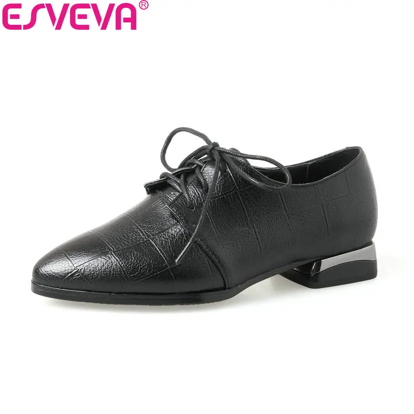 

ESVEVA 2018 Women Pumps Western Style Square Med Heels Pointed Toe Lace Up PU Leather Fashion Sewing Ladies Shoes Size 34-39