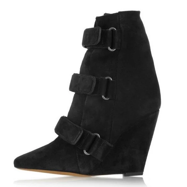 

Autumn Winter Hook Wedges Boots Woman Height Increasing Ankle Boots Pointed toe Ankle Suede Boots Fashion Zapatos Mujer