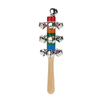 

Hot Sale 1 Pcs 18cm Wooden Stick Jingle Bells Rainbow Hand Shake Sound Bell Rattles Baby Kid Children Educational Toy