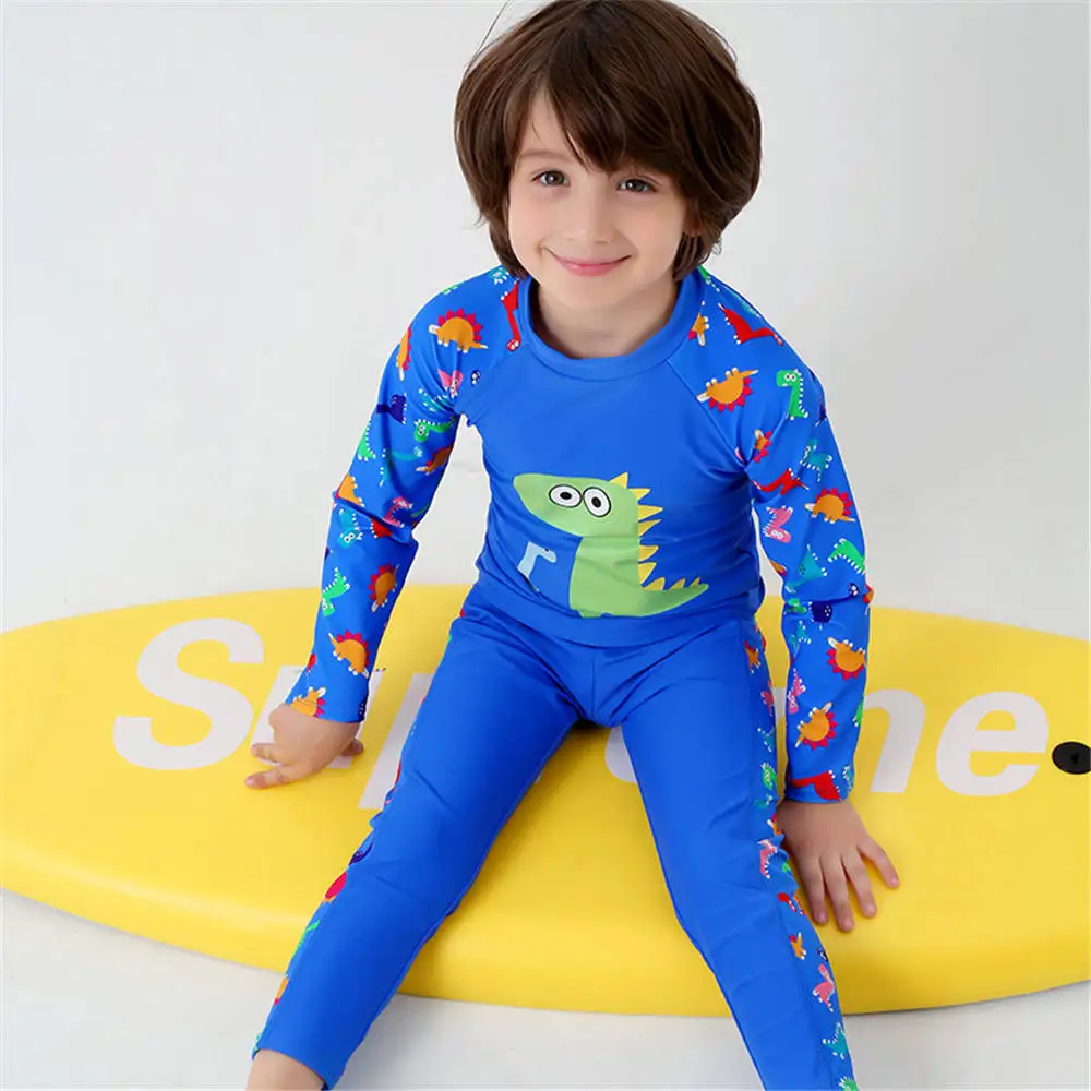 Длинные штаны костюм для дайвинга из двух предметов с принтом динозавра для мальчиков детская одежда для плавания с длинными рукавами детский синий купальный костюм детский костюм для серфинга