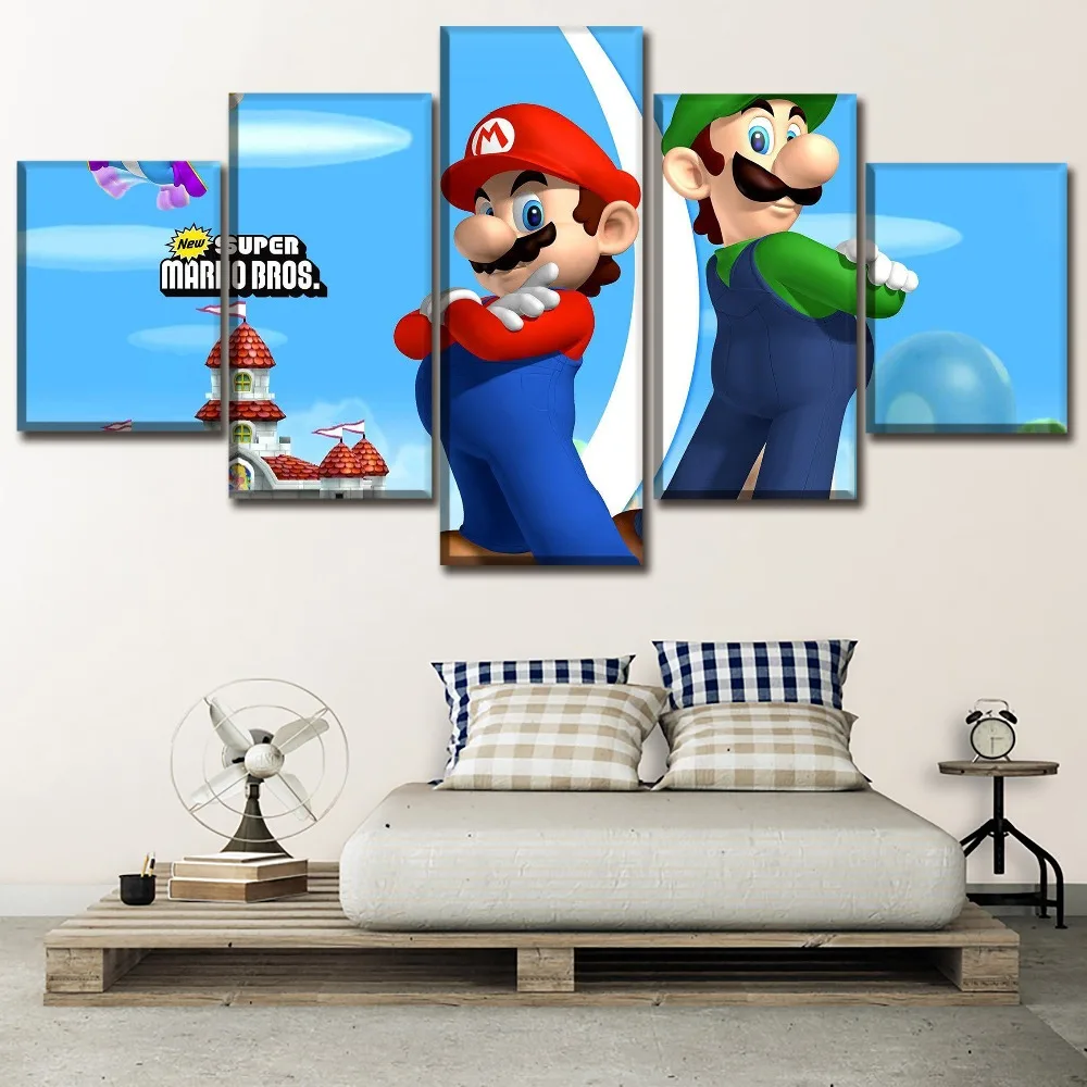Canvas Game Poster Wall Art Framework 5 Piece Super Mario Bros Classic