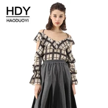 HDY Haoduoyi Women Ruffles Patchwork Plaid Print Slash Neck Off Shoulder Spaghetti Strap Tops Blouse Cut Out Shirt off shoulder cut out floral blouse