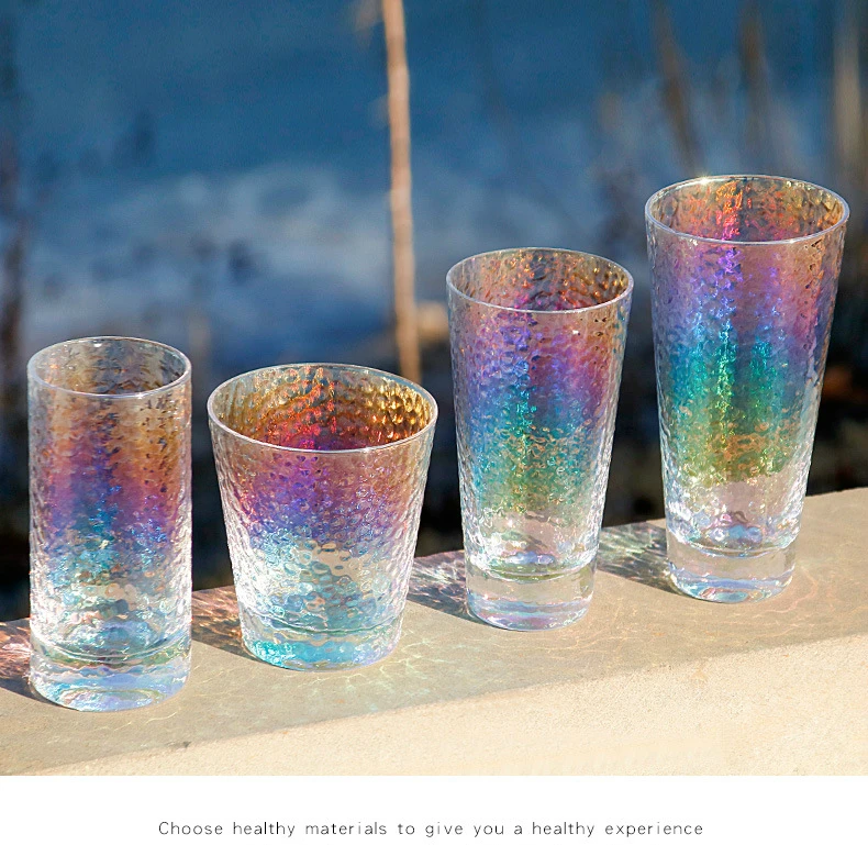 Beautymm Радуга Красочные холодной чашки молотки полосой текстуры яркий кристалл стекло воды пить молочный завтрак стакан вина es