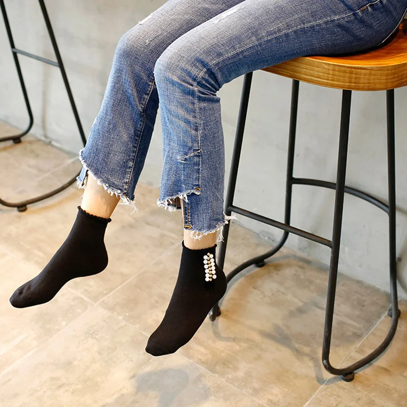 Black/White Korean Reto Pearl Socks Women Elastic Cotton Handmade Meias Creative Socks Harajuku Calcetines Mujer knee socks