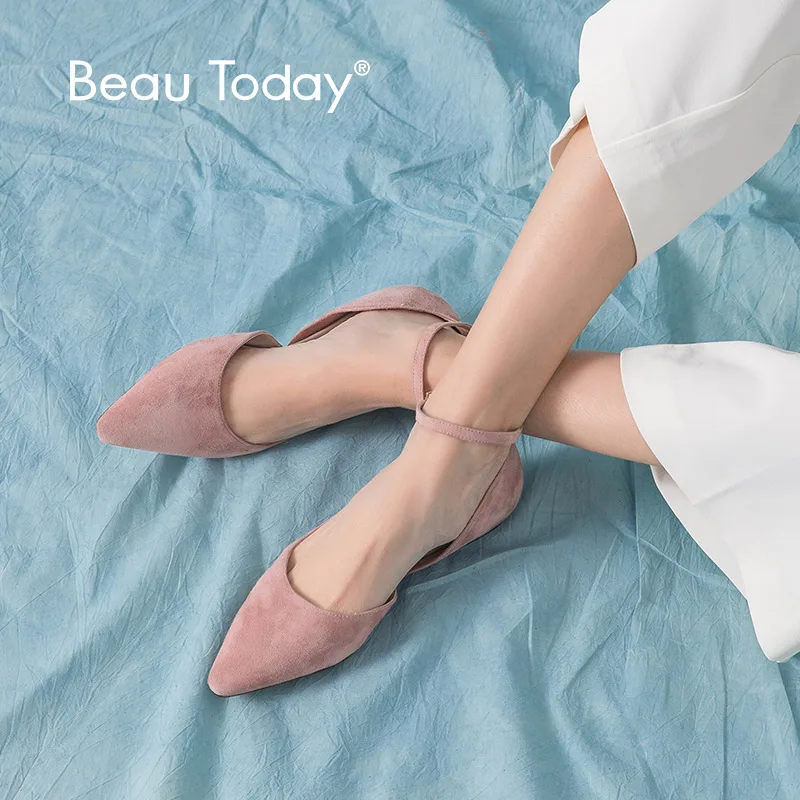 

BeauToday Flat Sandals Women Kid Suede Leather Sweet Pink Pointed Toe Ankle Strap Cover Heel Summer Lady Shoes Handmade 3006331