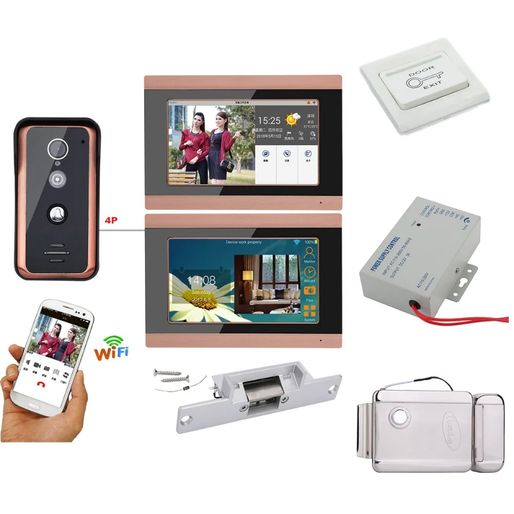 

Home Security 7 inch 2 Monitors Wired Wifi Video Door Phone Doorbell Intercom Entry System with Electric Strike Lock Intercom