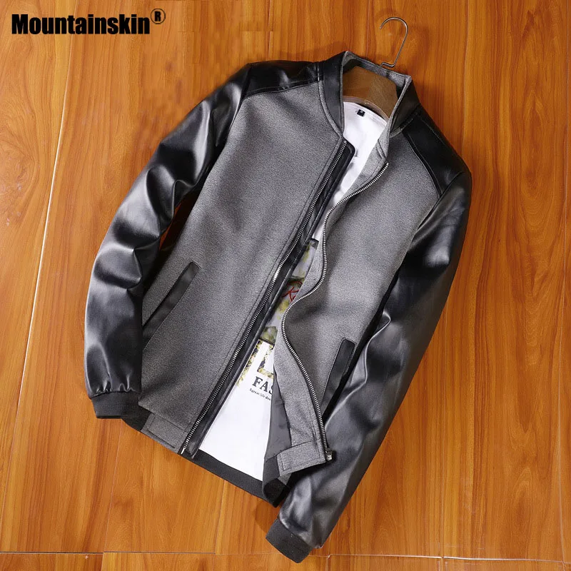 Goedkoop Mountainskin Nieuwe Jas mannen PU Patchwork Jassen Lente Herfst Faux Lederen Jas Slim Fit Mode Mannelijke Motorfiets Jassen SA678
