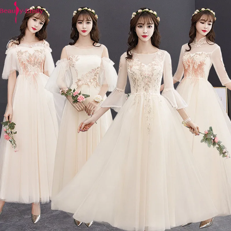 

Beauty Emily Fashion Lace Champagne Bridesmaid Dresses 2019 Long O Neck Three Quarter Bell Sleeve Formal Wedding Party Dresses