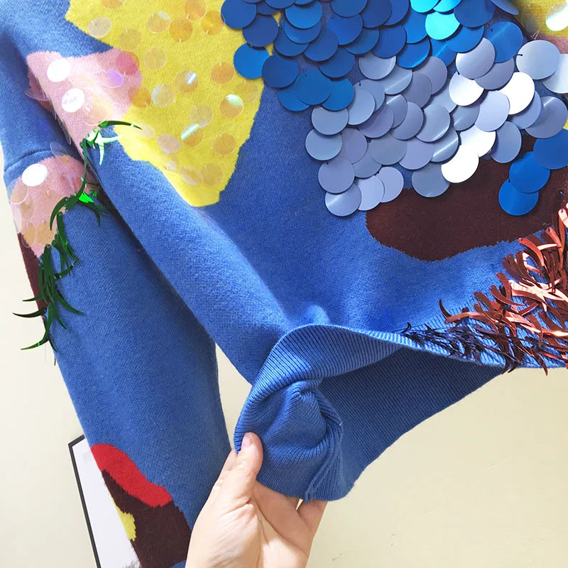 Liva girl Весенние Новые Модные женские свитера с длинным рукавом и круглым вырезом, расшитые блестками синие пуловеры, компьютерная трикотажная пышная одежда