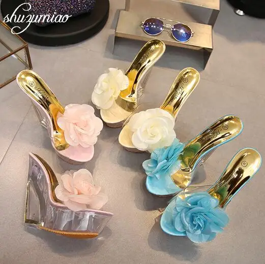 

Female Sheos Thick Bottom Super High Heel 14cm Slipper, High Transparent Special-shaped Crystal Shoes,Platforms, Slope Heel
