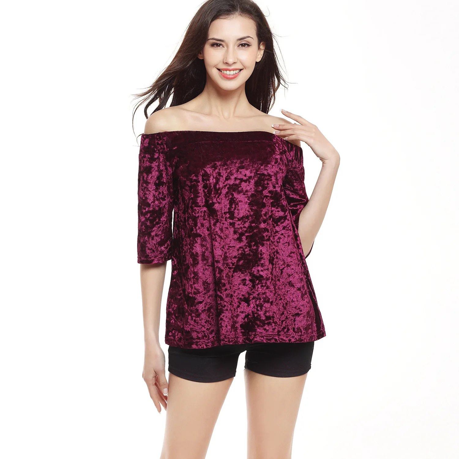 

2019 Spring and Summer Explosion Models Word Collar Strapless Tube Top Swan Gold Velvet Shirt Short-sleeved Loose T-shirt