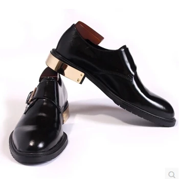 

Hot selling black color one buckled monk shoes for men top quality real leather round toe flats fashion gold heel wedding oxford