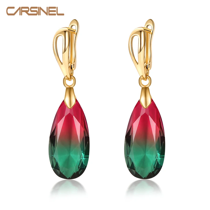 

CARSINEL Brand Fashion Gradient Tourmaline color Hoop Earrings For Women Luxury Water drop Silver color Earrings Jewelry Gift