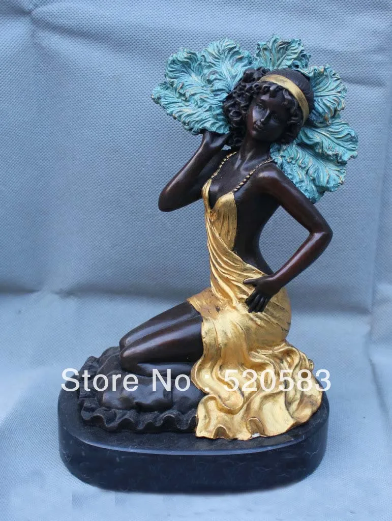 

11" Marble Bronze With Painting Western Nude Sexy Girl Belle Statue Sculpture