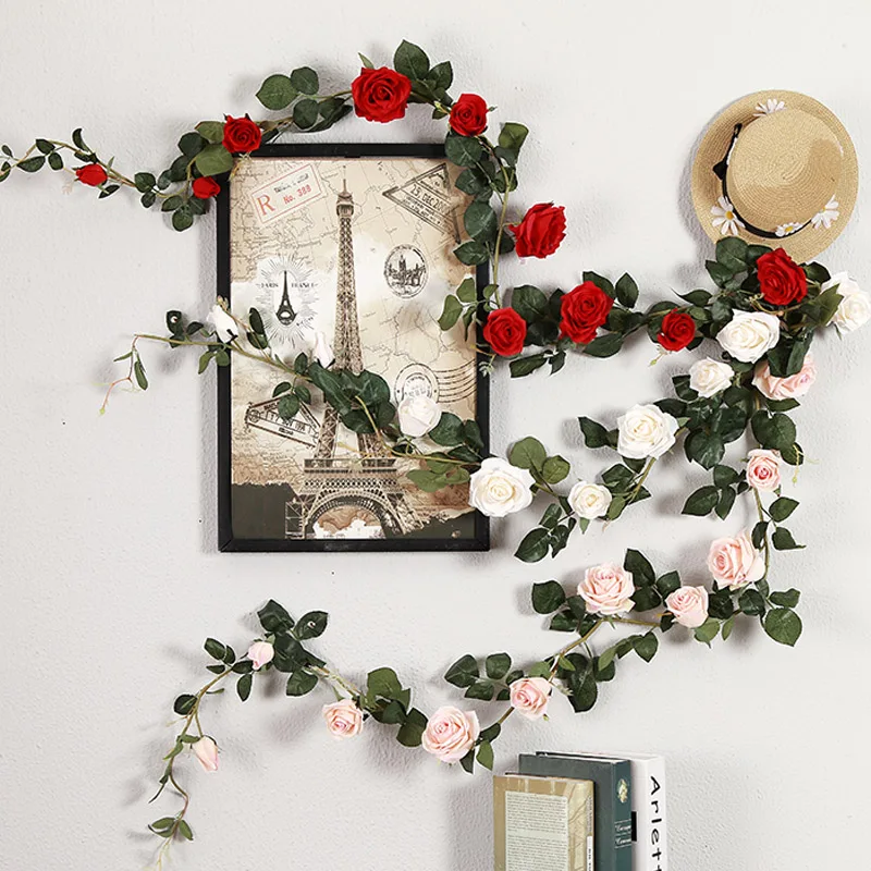 

180cm Artificial Rose Flower Vine Wedding Decorative Fake Flowers Rattan With Green Leaves Silk Flower for Home Hanging Garland