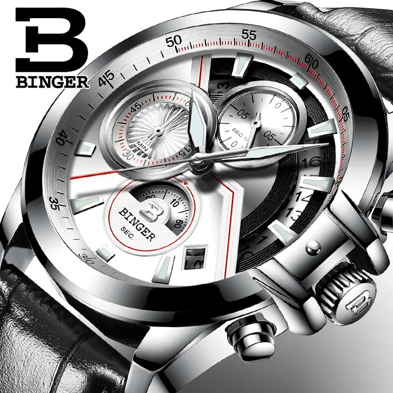 Switzerland BINGER мужские часы лучший бренд класса люкс Хронограф светящийся водонепроницаемый из нержавеющей стали Спортивные кварцевые мужские часы - Цвет: Leather 02