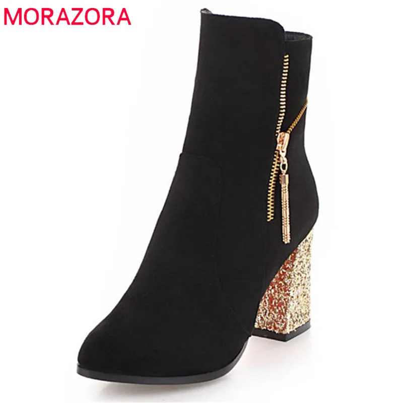 MORAZORA/ Новое поступление; женские ботинки из флока с коротким плюшем; сезон осень-зима; модная обувь на высоком каблуке; простые женские ботильоны