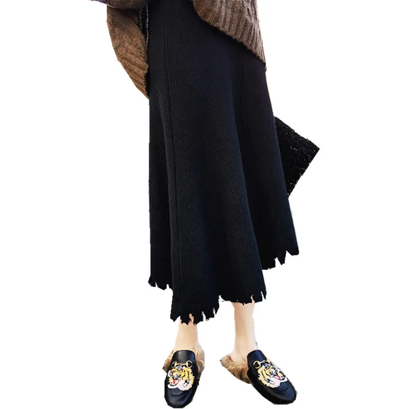 Для женщин зима-осень длинная юбка Высокая Талия Винтаж Kintted Faldas женская зимняя обувь со складками, элегантные эластичные Повседневное юбки V23