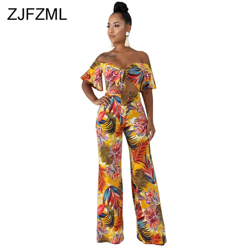 

Leaves Print Sexy Beach Overalls For Women Slash Neck Short Sleeve Wide Leg Jumpsuit Summer Waist Band Cut Out Backless Rompers