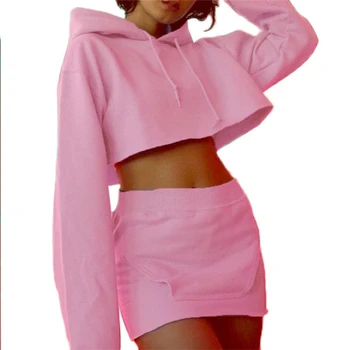 

3colors Women Hoodie Sweatshirt 2 Piece Set Dress Autumn Long Sleeve Women Suits Crop Top And Mini Women's Tracksuit Set