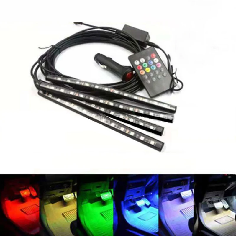

4pcs 12V Light Car Interior RGB LED Strip Tape DRL 5 12 V Music/IR/APP Control Auto Decorative Flexible Kit Fog Lamp Neon Cord