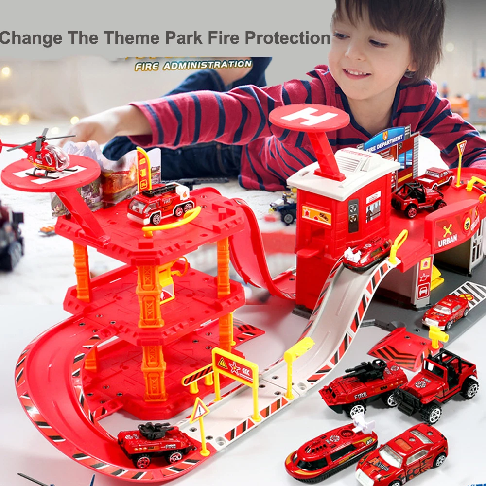 DIY Assemble Racing Track Set Electronic Racing Car Toys Vehicles Car Parking/Fire Adiministration/Police Station Kids Toys