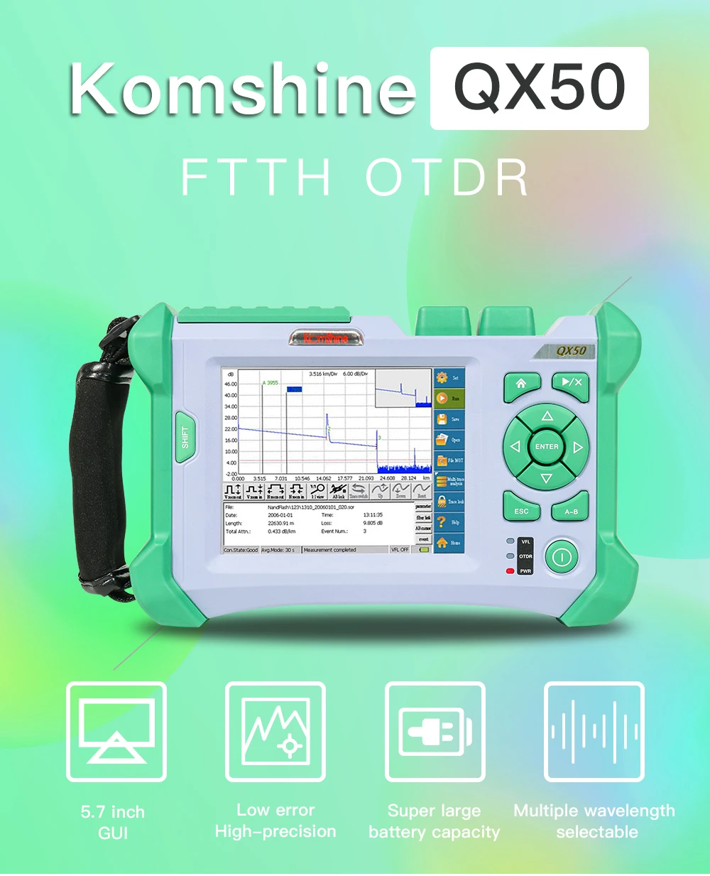 Mulltimode OTDR Komshine QX50-M 850/1300nm, 21/19dB, MM Измеритель ODTR Aviliable с SC, FC, LC/UPC (APC customized)