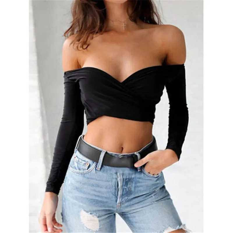 

Women Sexy Deep V neck Tops T-shirt New Chest Cross Long Sleeve Lady Girls Crop Tops Summer Off-shoulder T-shirt Women Clothing