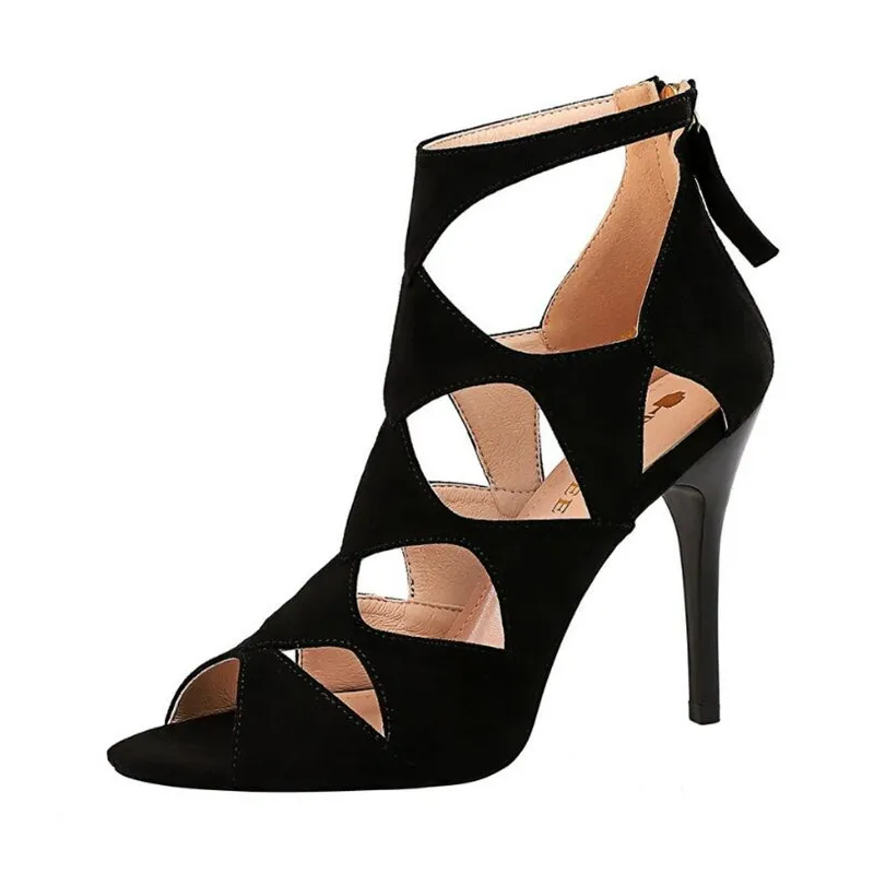 

Summer Fashion Rome Peep Toe Sandals Women Flock Hollow High Heels Pumps Boat Wedding Office Party Shoes Femme Sandalia Mujer