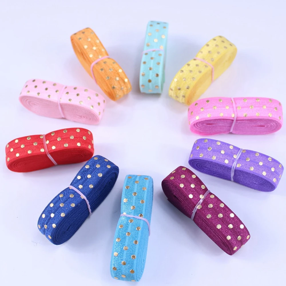 

20yards/lot 2yards each color Free shipping 5/8''fold over elastic FOE gold foil dots printed headband headwear hair band diy