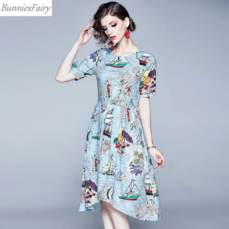 

BunniesFairy 2019 Autumn Women Vintage Retro Ocean Sailboat Fruit Floral Print Light Blue Asymmetrical Loose Dress Short Sleeve
