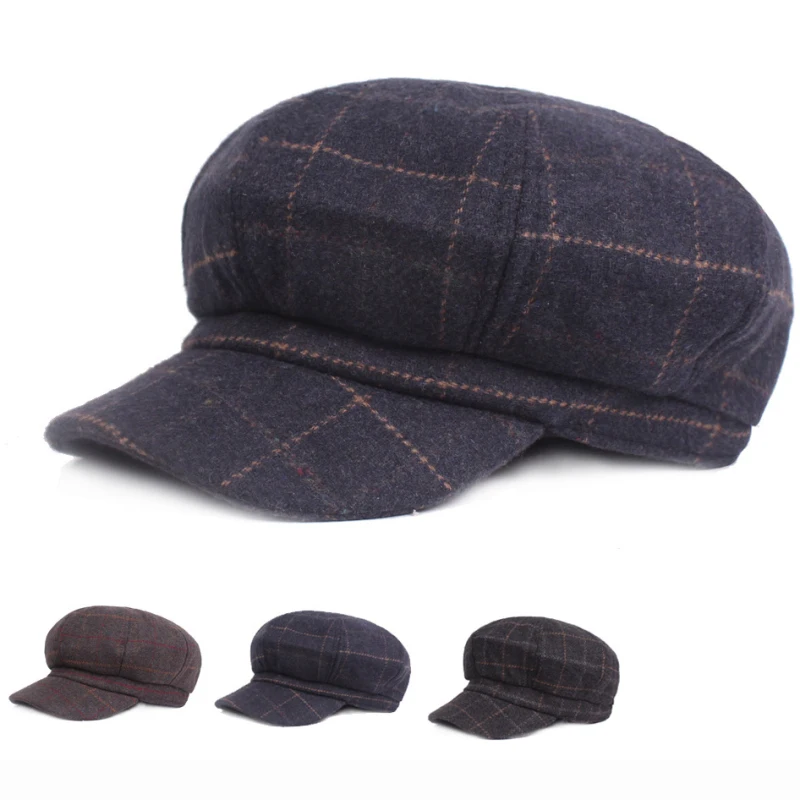 HT1820 High Quality Newsboy Caps for Men Women Retro Plaid Octagonal