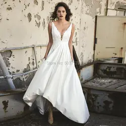 Атласный, высокий, низкий Свадебные платья Глубокий v-образный вырез Vestidos De Noiva без рукавов длиной до пола кружева аппликации с открытой