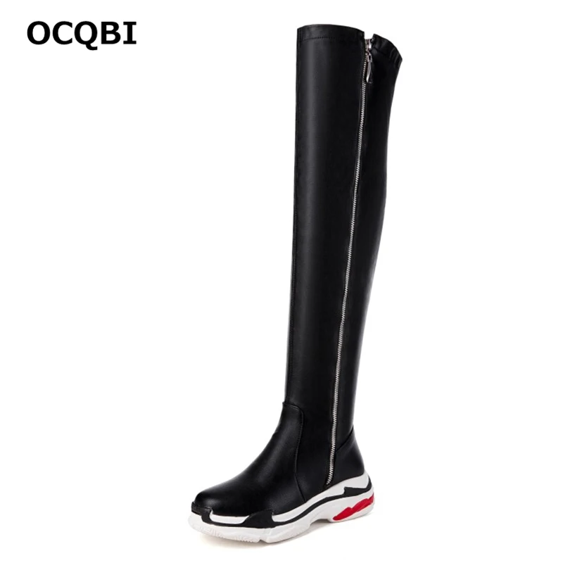 

OCQBI 2018 New Platform Over Knee Boots Womens Black Plus Size Fashion Concise Sexy Party High Boots Round Toe Wedges Boots 5CM