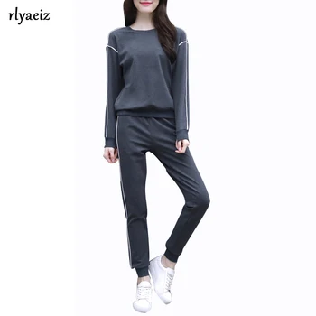 

Rlyaeiz 2018 Autumn Winter 2 Piece Set Women Sporting Suits Striped Hoodies + Ankle-length Pants Sporting Wear Female Tracksuit