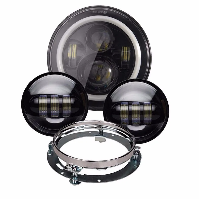 7 Inch Black Motorcycle Daymaker LED Headlight with Halo Ring DRL+ 2pcs 4.5 LED Passing Front Lights and Adapter Ring for Harley Davidson