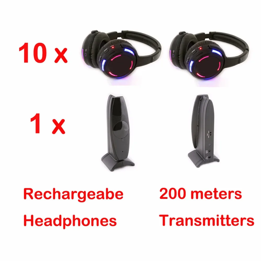 Silent Disco 10 светодиодный наушники с 1 передатчиком RF беспроводной для iPod MP3 DJ Music|led